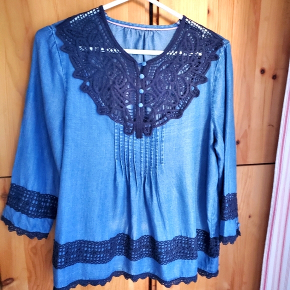 Nanette Lepore Denim Coloured Tencel Lace Long Sleeve Top size medium - Picture 1 of 4